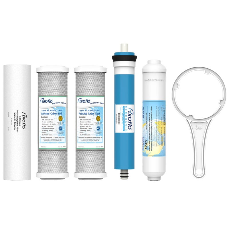 Puroflo ERO 5 pc Reverse Osmosis Filters Yearly Set, 5 Stage Reverse Osmosis Water Filter, Under Sink RO Water Filtration System Kit, Compatible with Most 10" RO System, Water Filter Wrench Included - Image 1